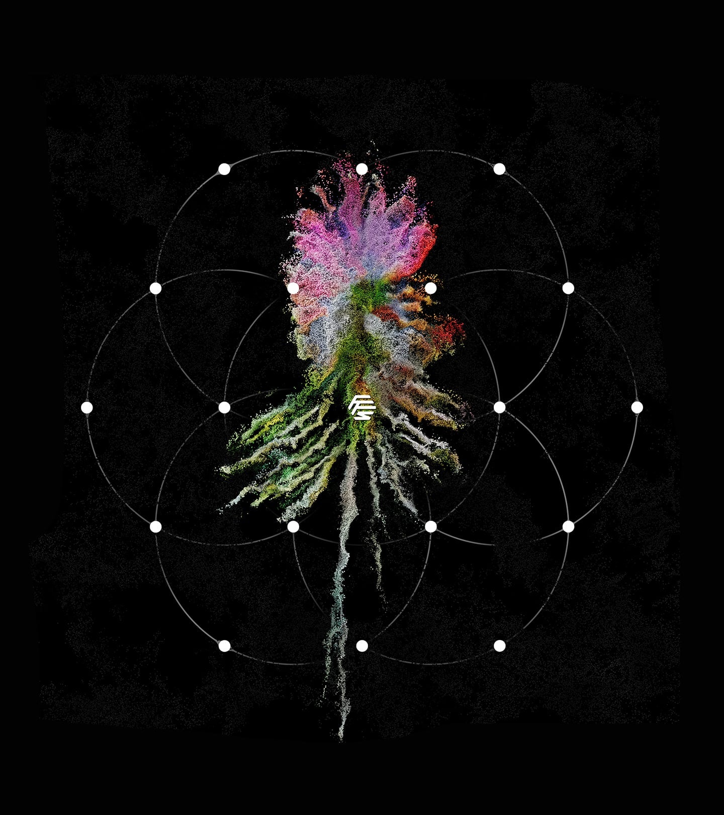 A green and pink flower created from the brand's signature point cloud in front of seven overlapping circles