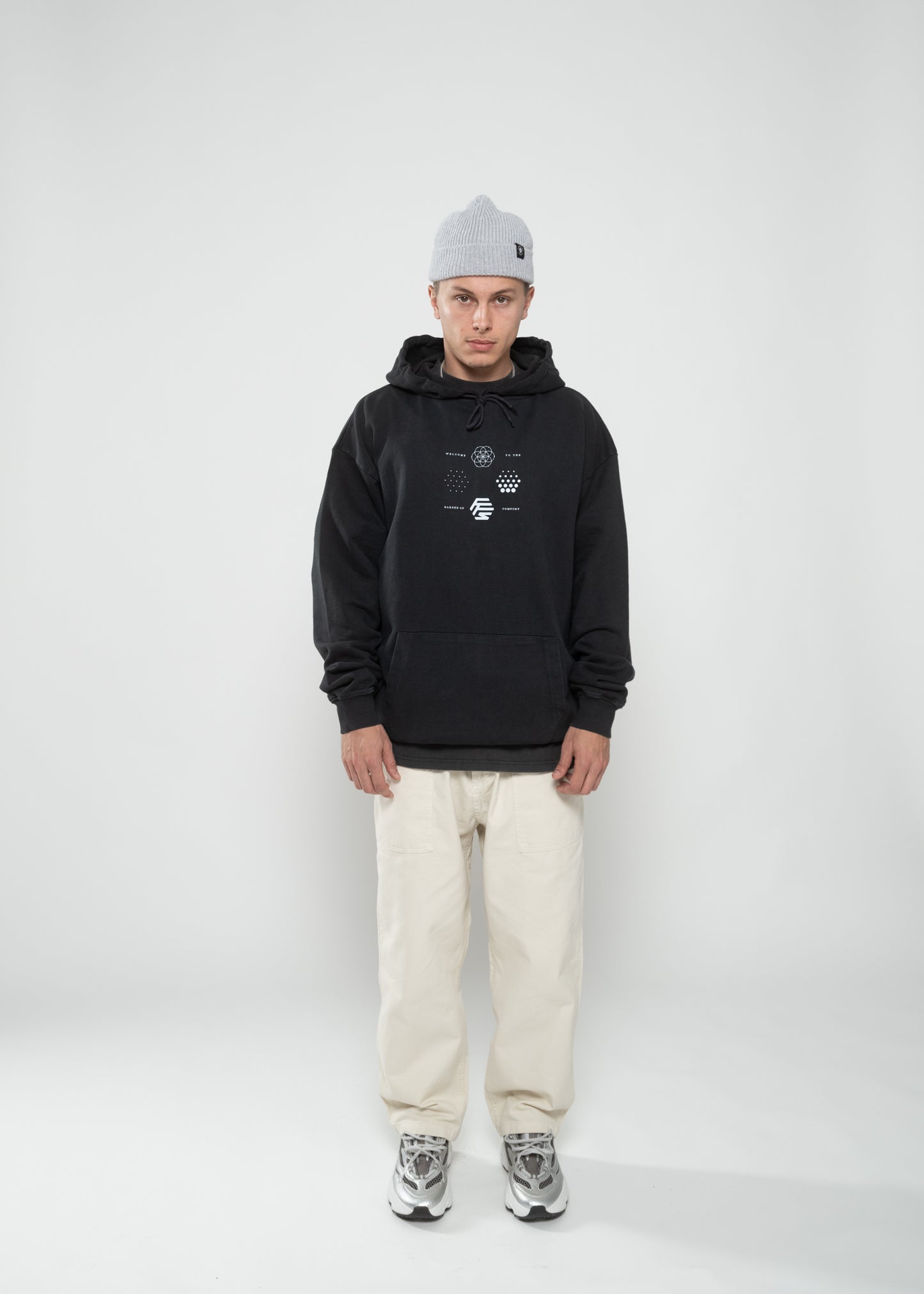 Flowers for Society garden hoodie vintage black front view worn by model Ben
