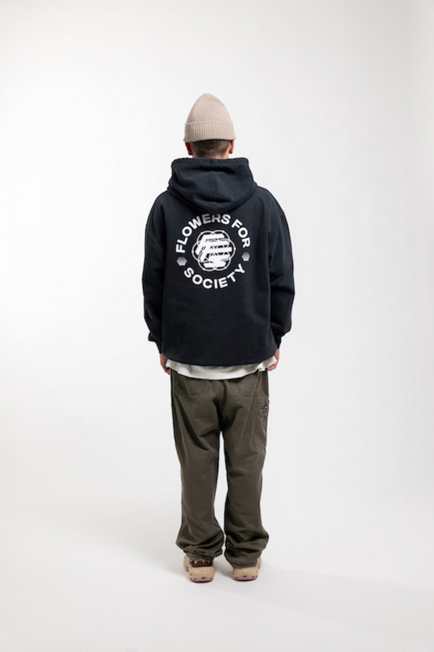 Flowers for Society basic back print hoodie black white back view worn by model Ben