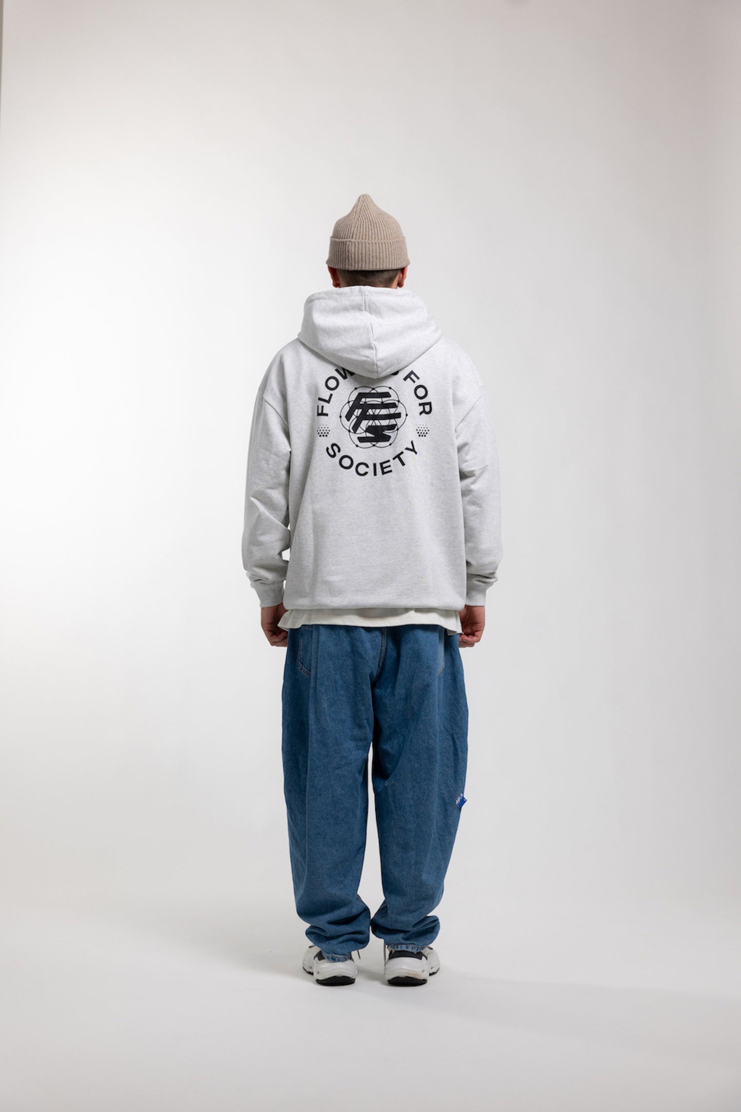 Flowers for Society basic back print hoodie grey back view worn by model Ben