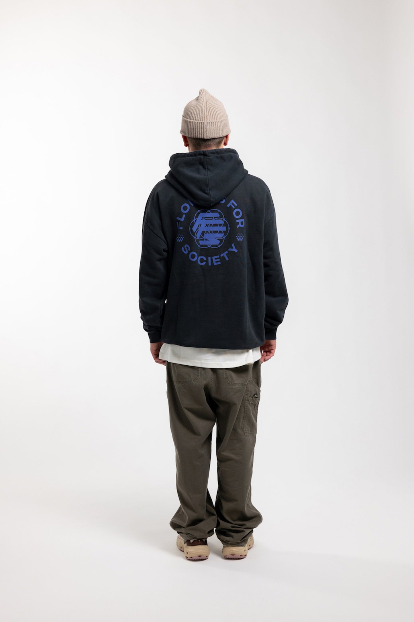 Flowers for Society basic back print hoodie black orient back view worn by model Ben