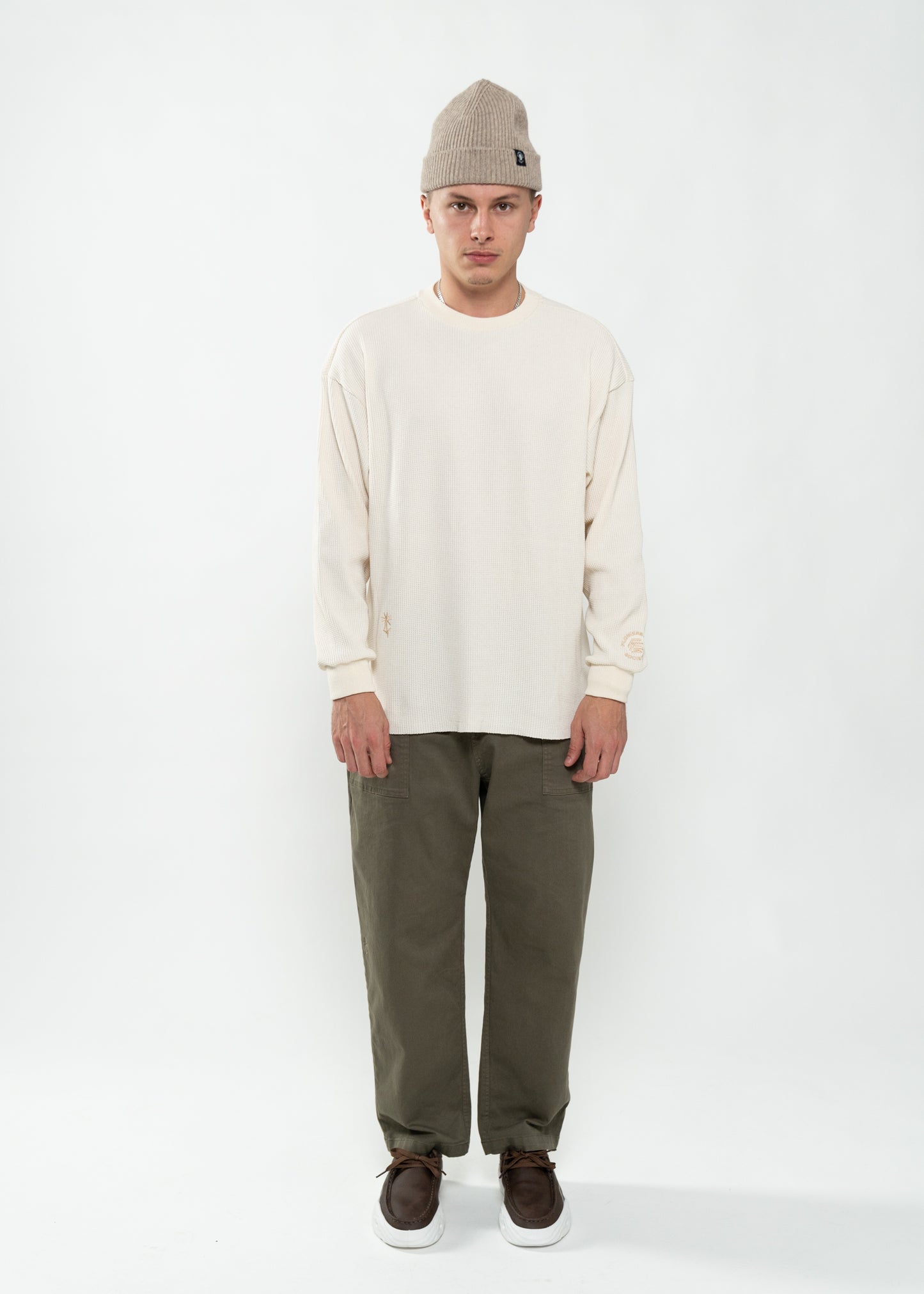 Flowers for Society waffle longsleeve off white front view worn by model Ben standing