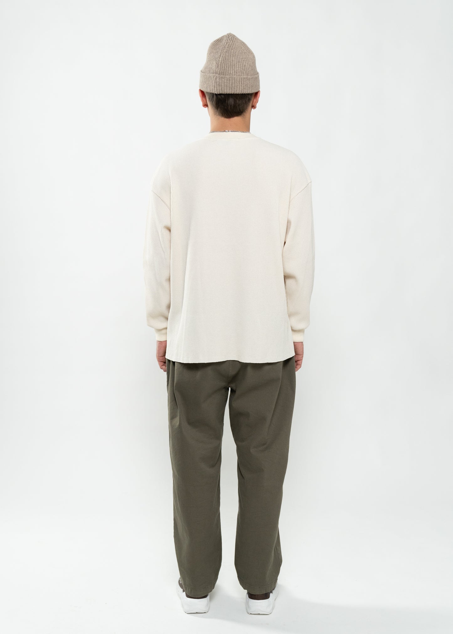 Flowers for Society waffle longsleeve off white back view worn by model Ben standing