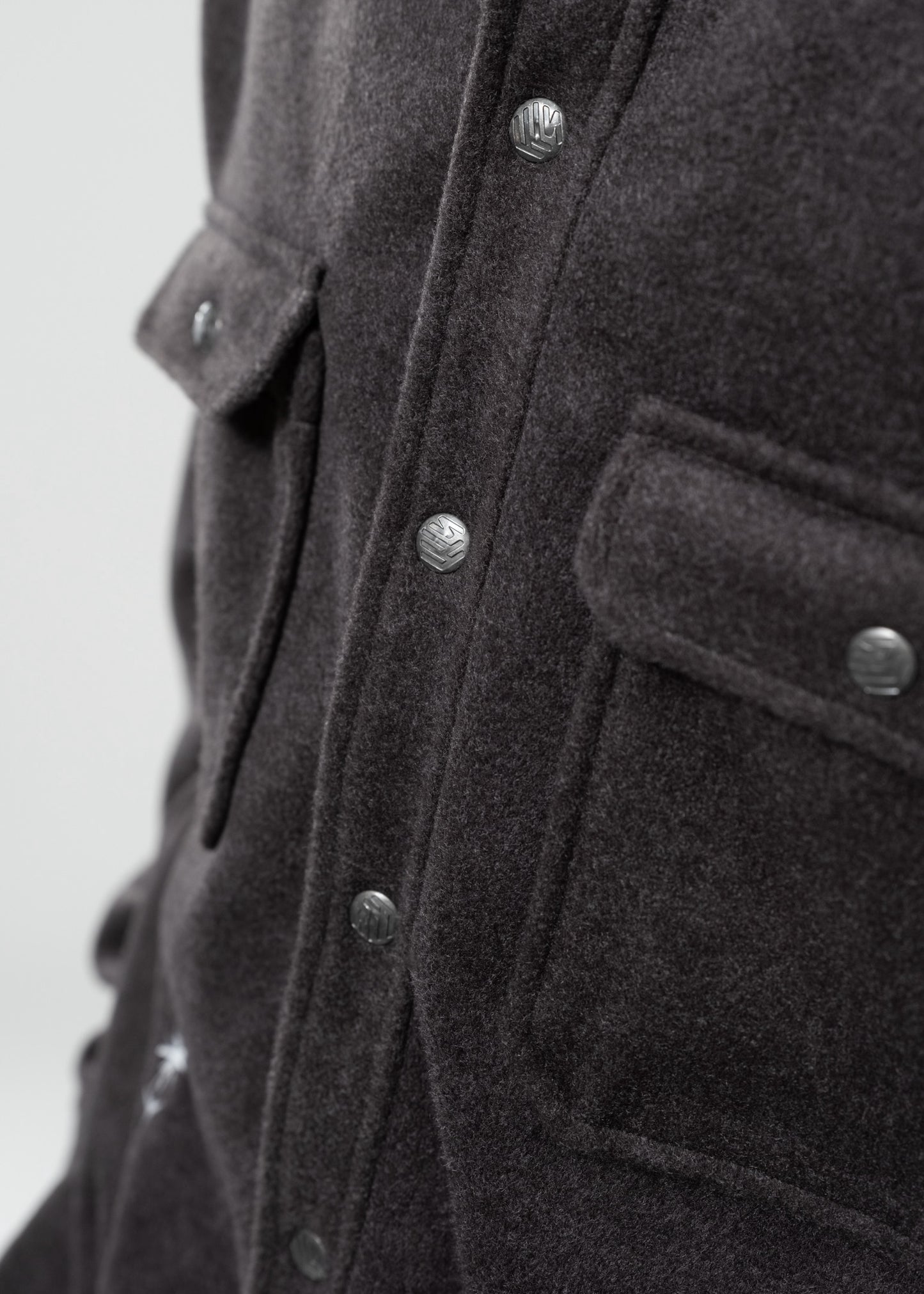 Flowers for Society jacket anthra side view detailed shot button placket worn by model Ben