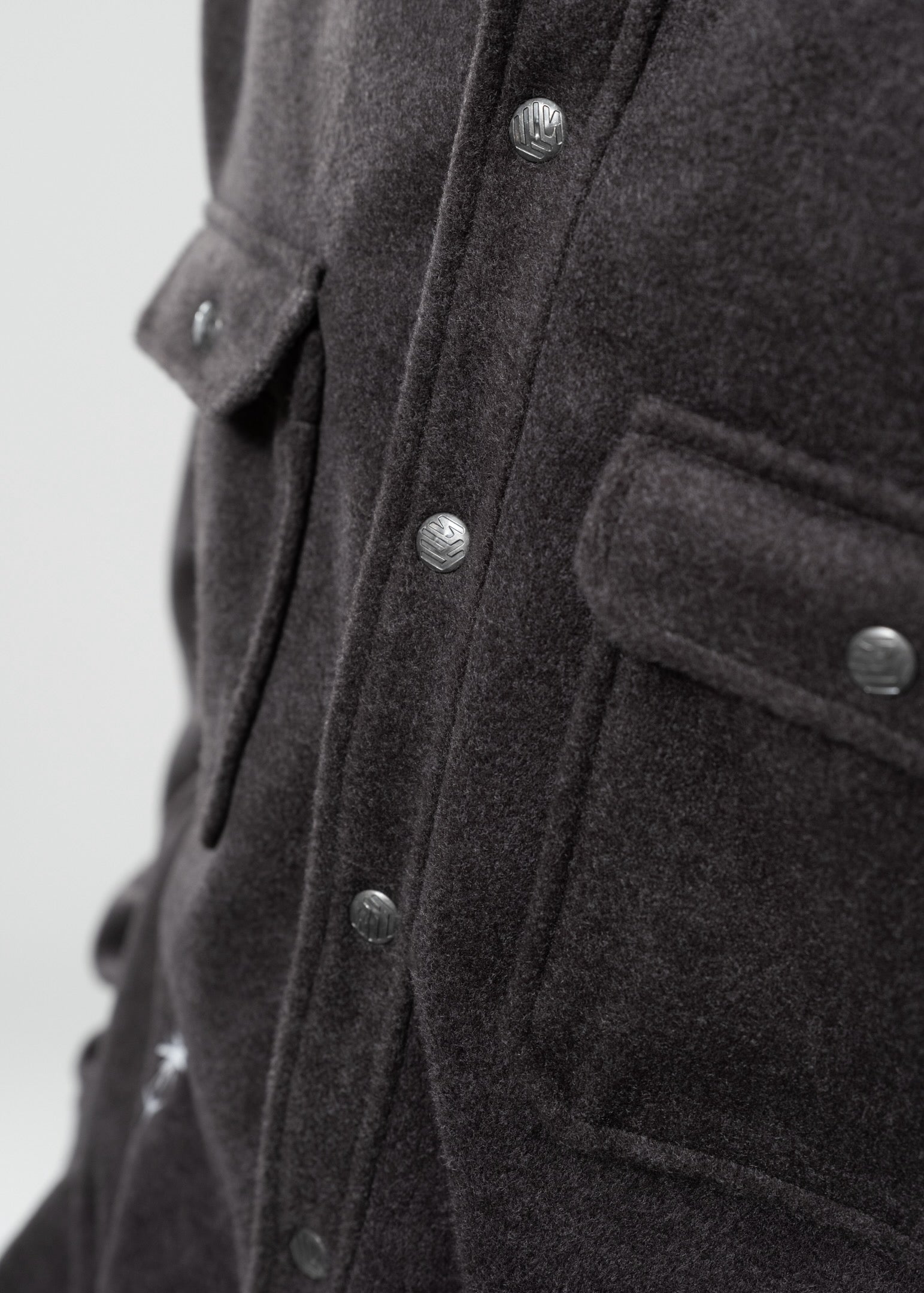 Flowers for Society jacket anthra side view detailed shot button placket worn by model Ben