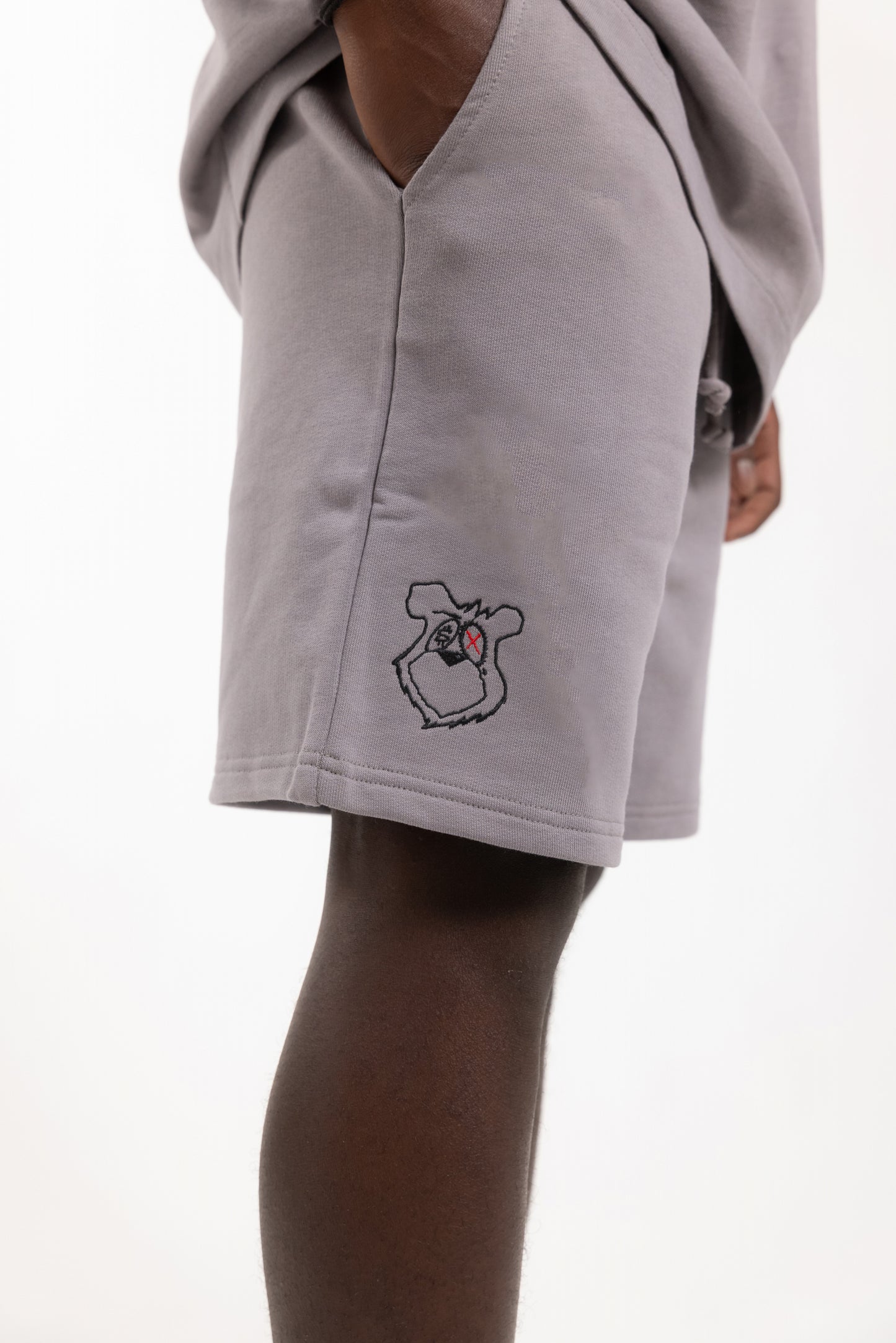 Flowers for Society King Saladeen shorts collaboration King Saladeen dove medial view worn by model standing