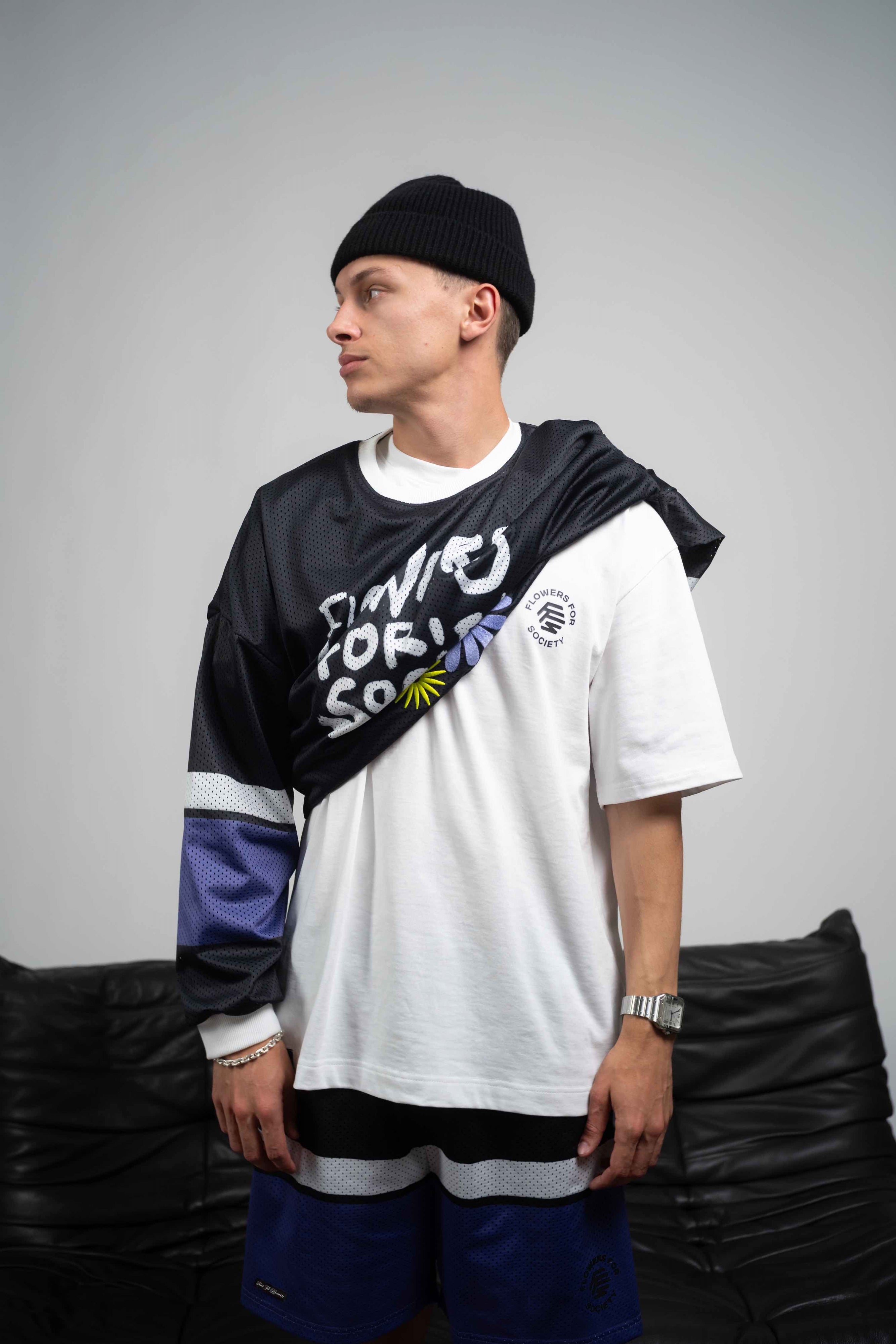 Flowers for Society flowers mesh jersey black purple front view worn by model Ben