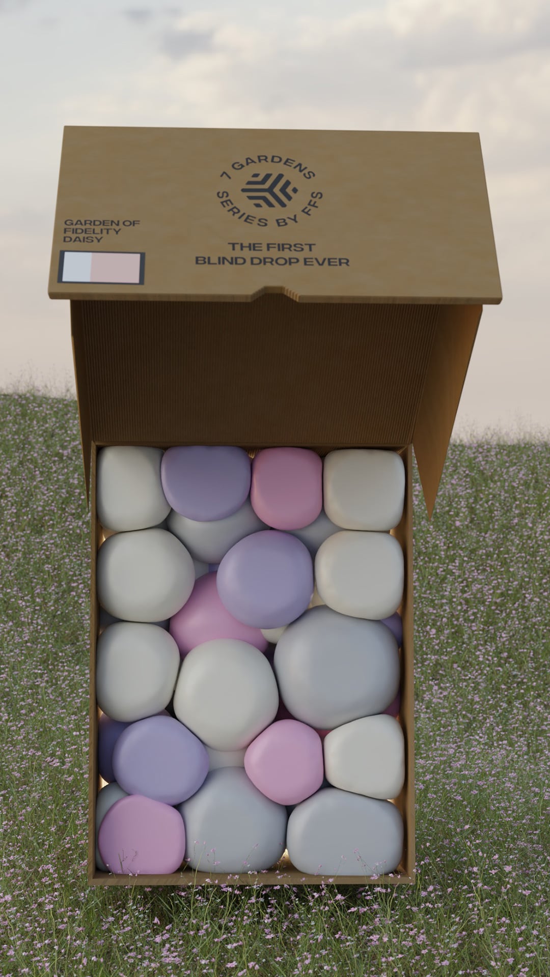 A 3D render from the Seed.One Daisy Blind Drop campaign showing an open shoe box on a meadow filled with pink, purple, grey and antique white bubbles 