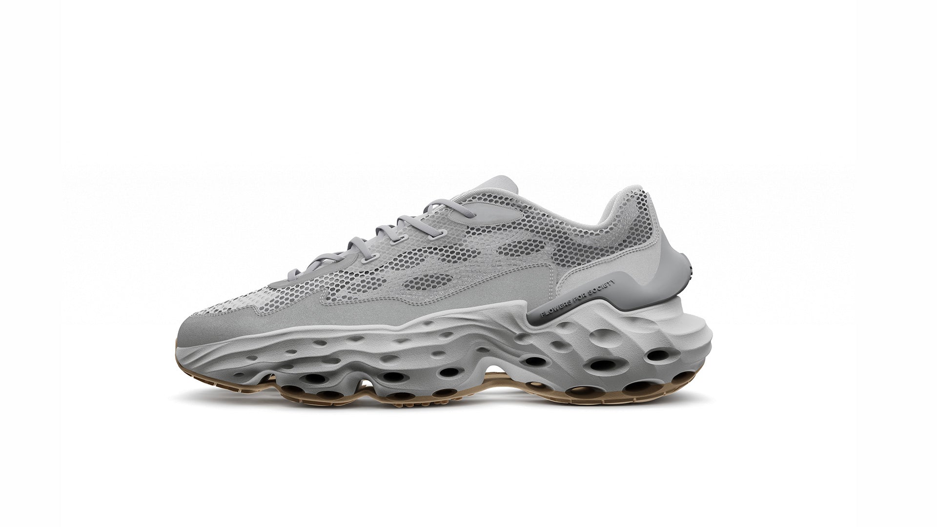 The shoe Seed.One OG in the mainly grey colorway containing the colors Lunar Rock, Ultimate Gray, Nimbus Cloud, Jet Black and Recycled Gum from the lateral view