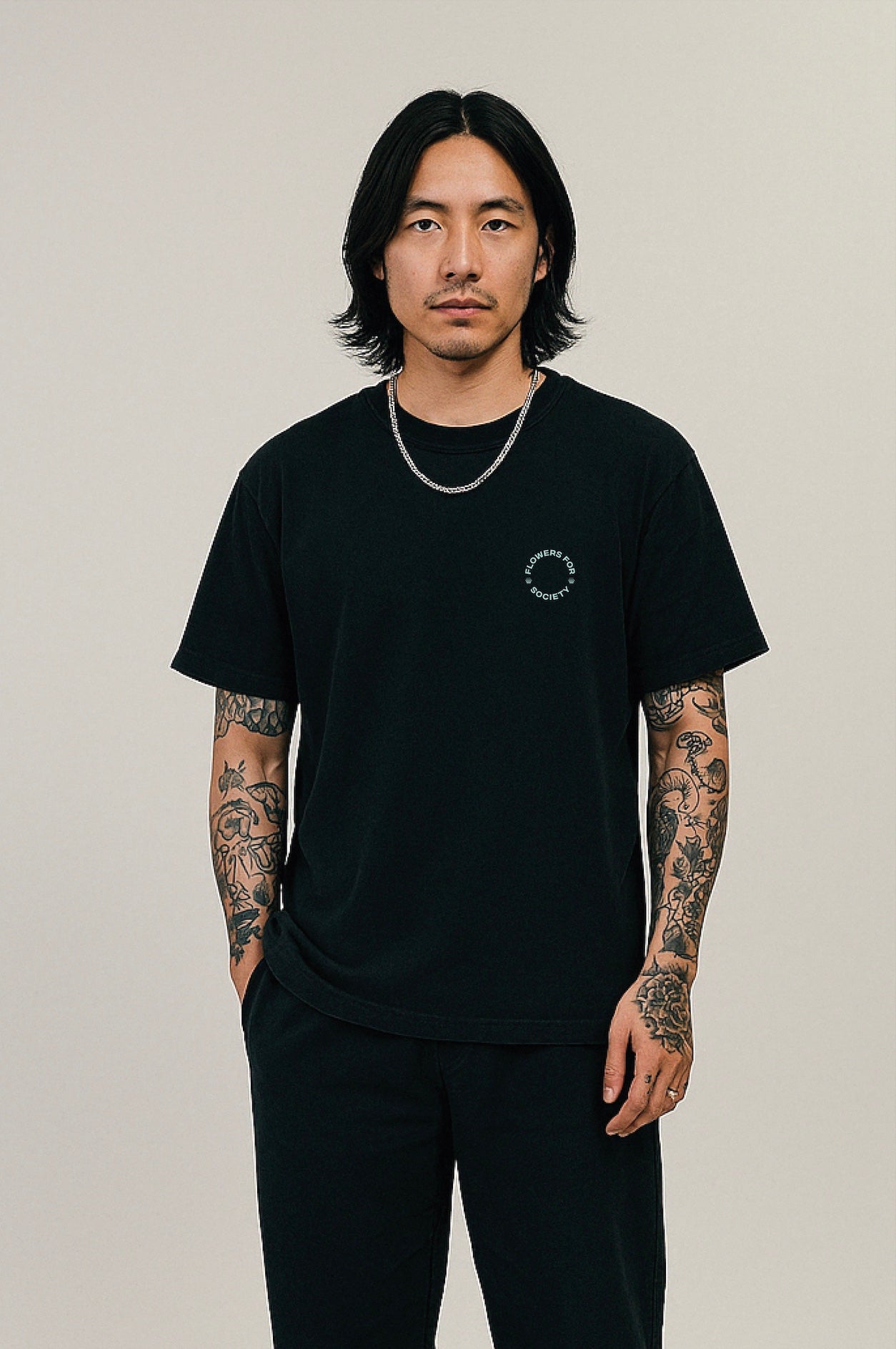 flowers for society tshirt dahlia front view black green