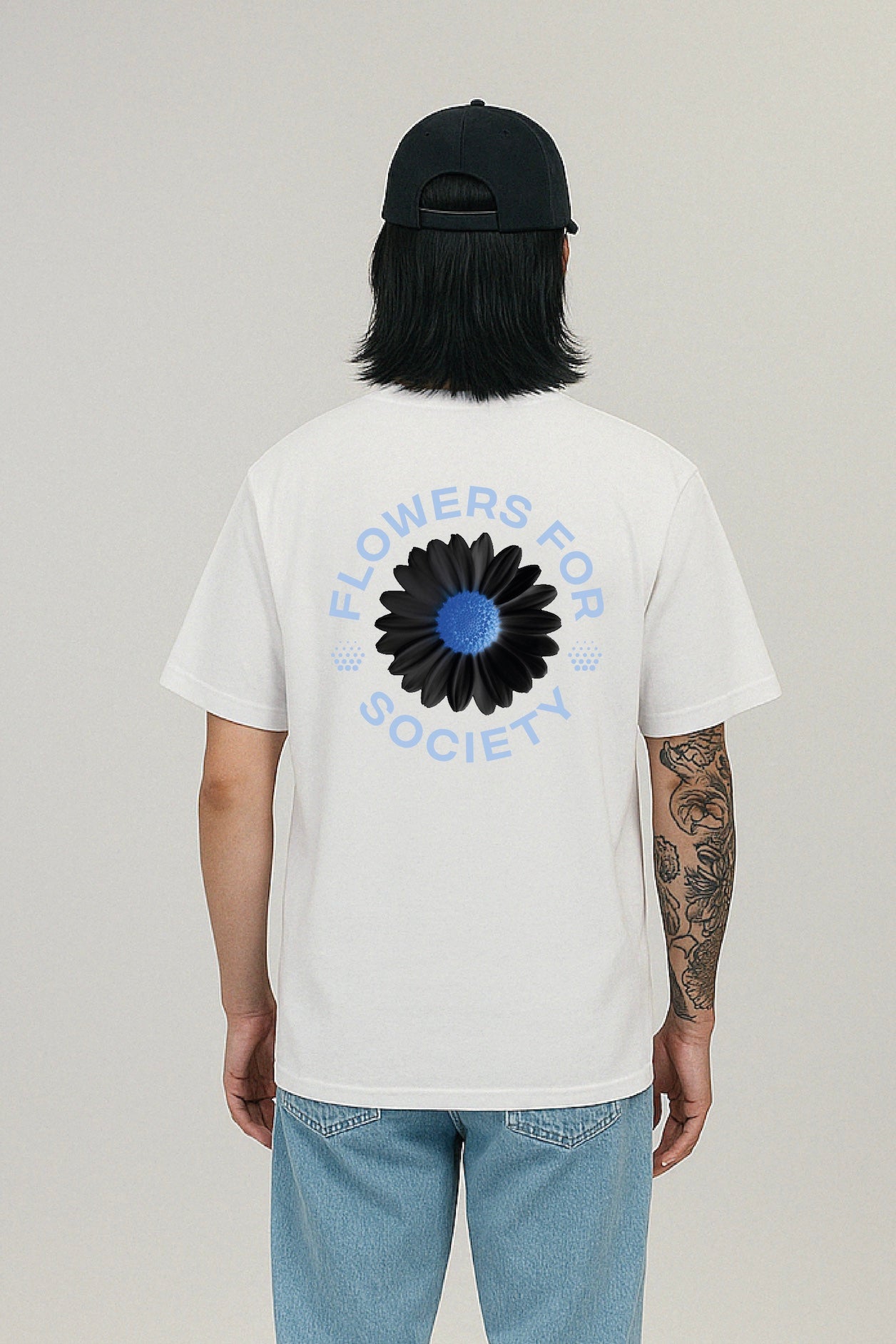 flowers for society tshirt daisy back view white blue