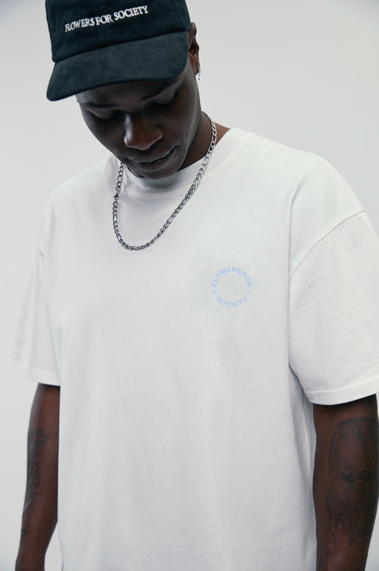 flowers for society tshirt daisy front view white blue