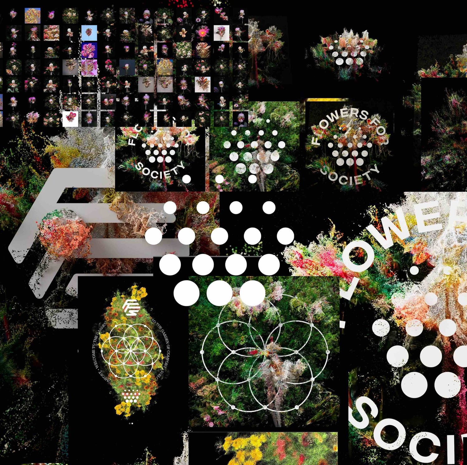 A broad collection of Flowers For Society graphics all based on FFS logos and the point cloud