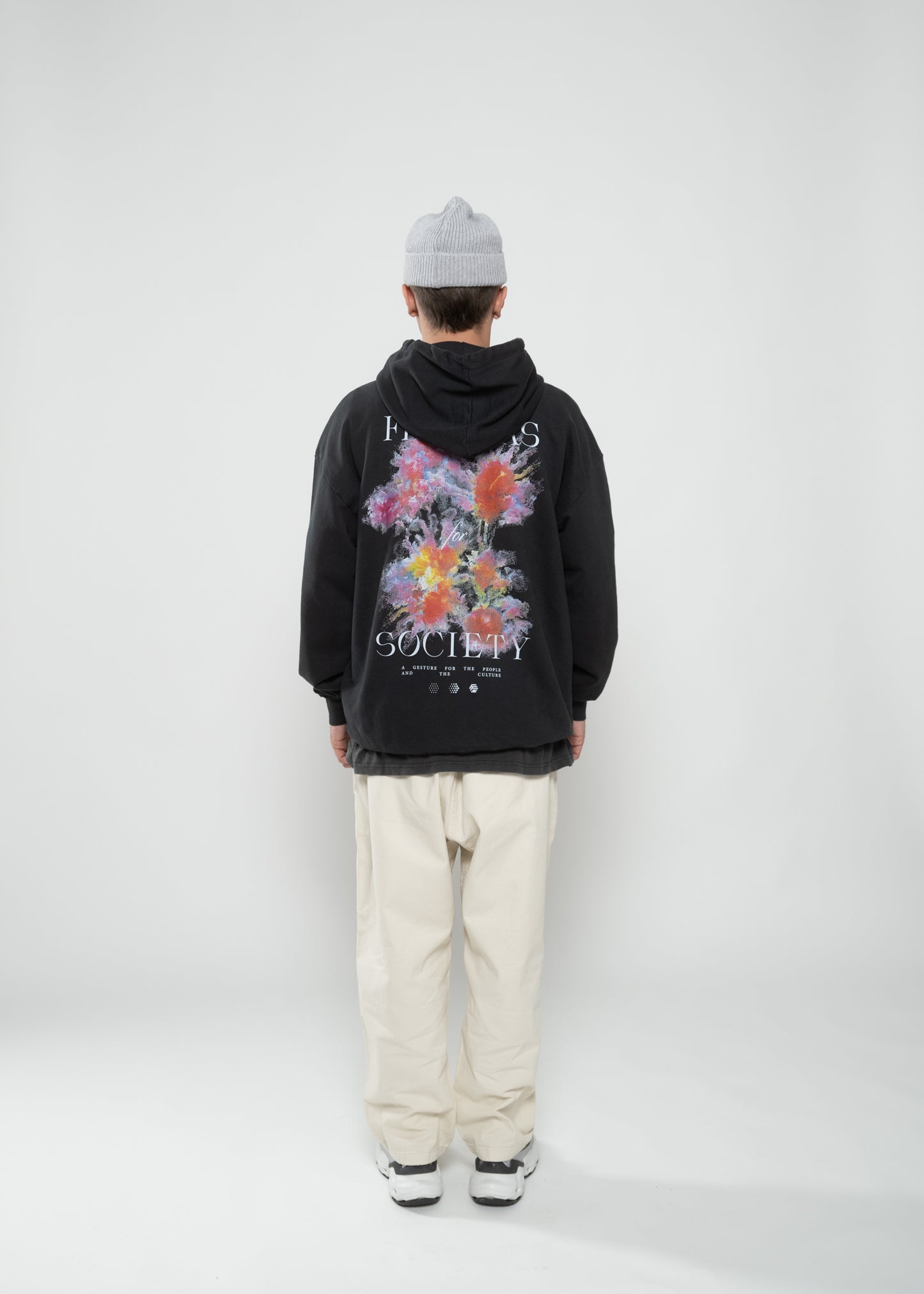 Flowers for Society garden hoodie vintage black back view worn by model Ben