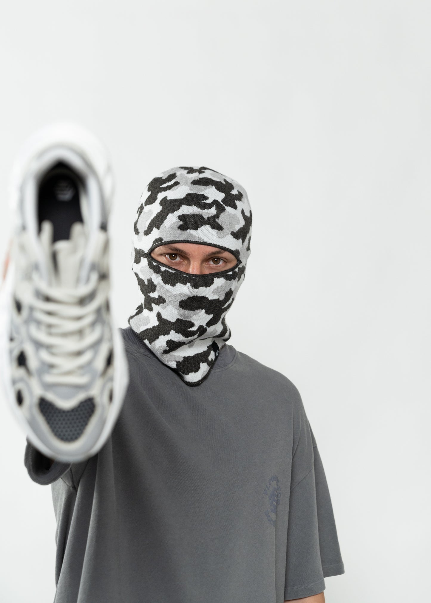 Flowers for Society Dragon Balaclava Ore Mob collaboration grey black white frontview worn by model Ben