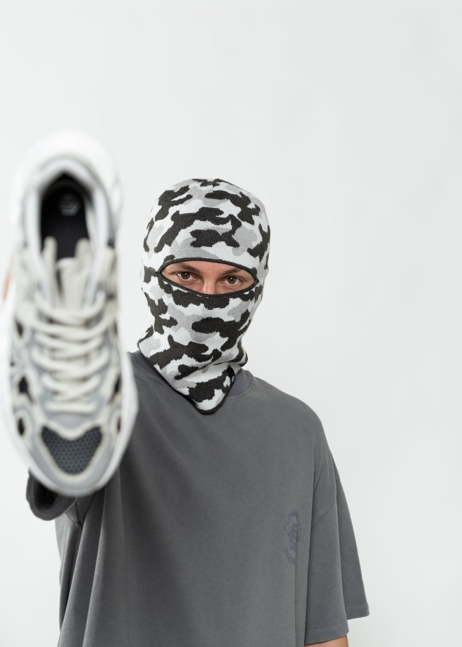 Flowers for Society Dragon Balaclava Ore Mob collaboration grey black white frontview worn by model Ben