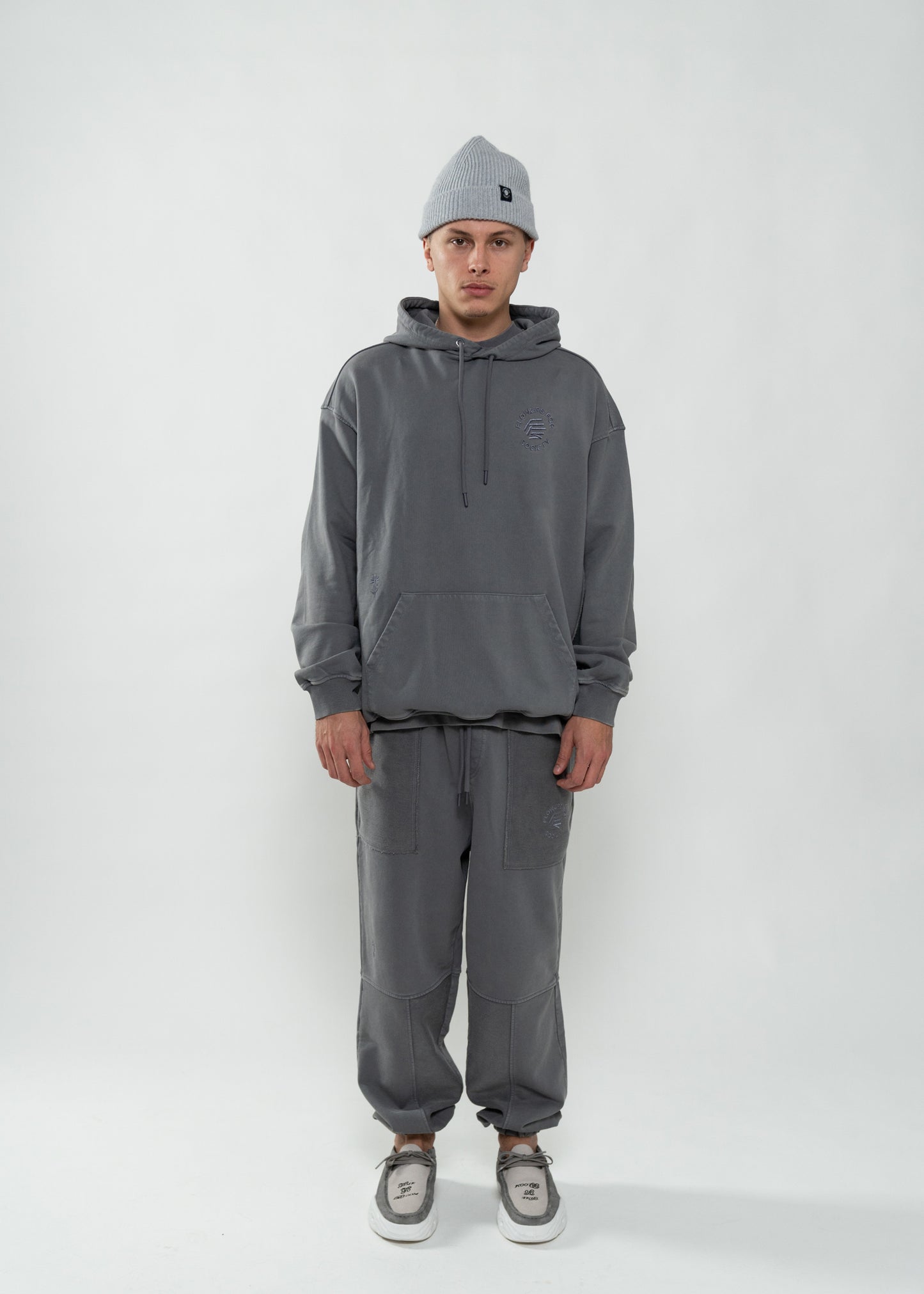 Flowers for Society Basic Jogger pant washed grey frontview worn by model Ben standing