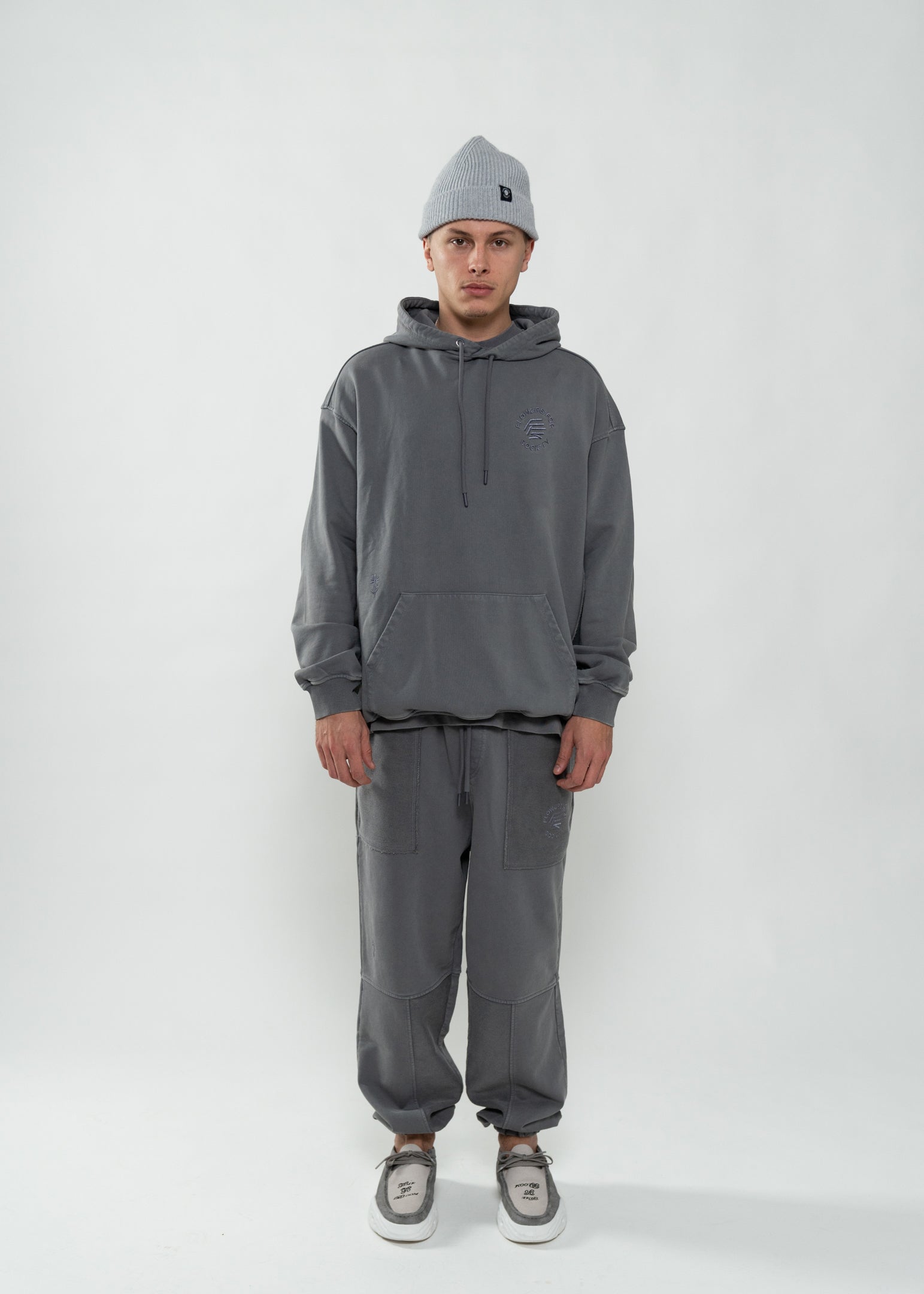 Flowers for Society Basic Jogger pant washed grey frontview worn by model Ben standing
