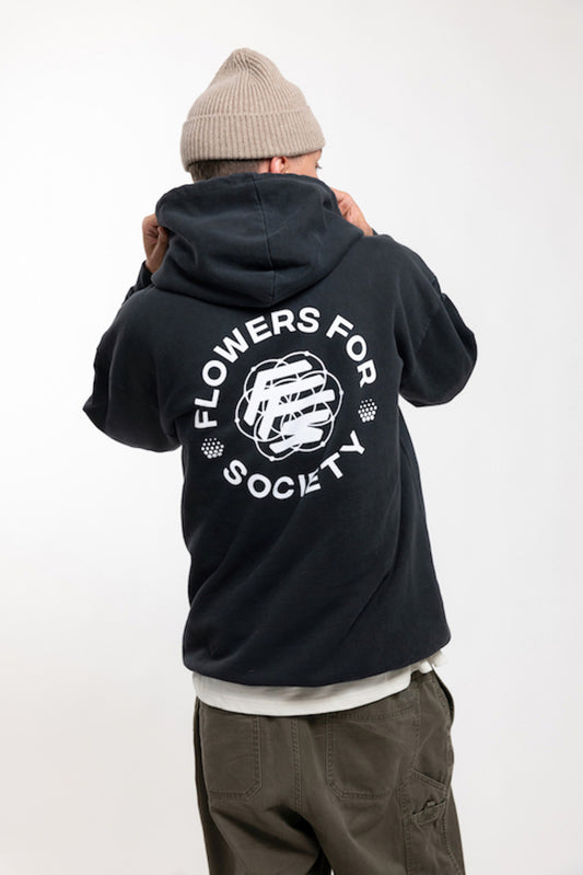 Flowers for Society basic back print hoodie black white back view worn by model Ben