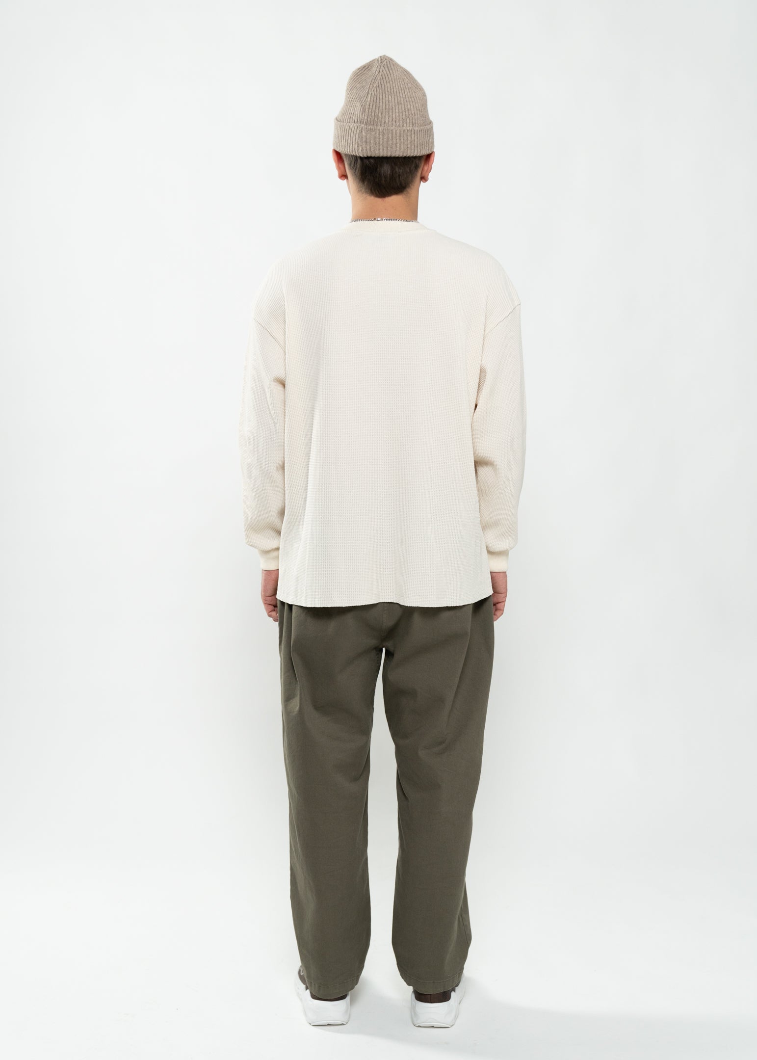 Flowers for Society waffle longsleeve off white back view worn by model Ben standing