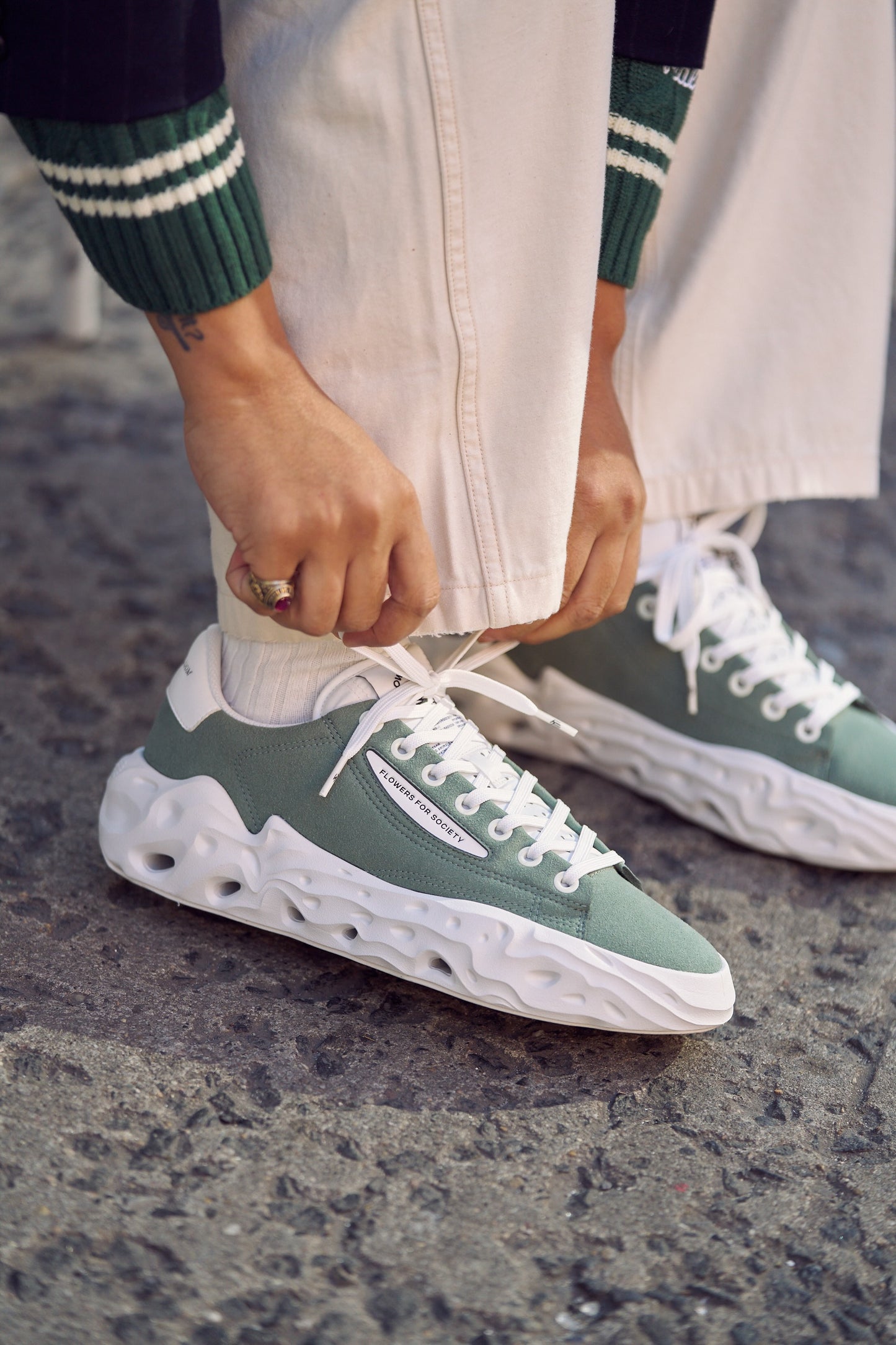 Flowers For Society Sneaker Radicle Topless green lateral worn by model