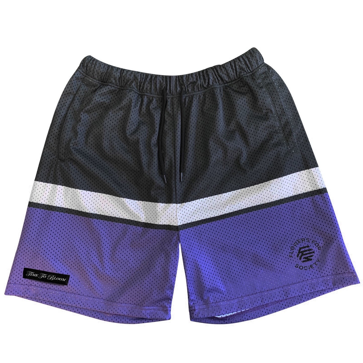 Flowers for Society flowers mesh shorts black purple white frontview