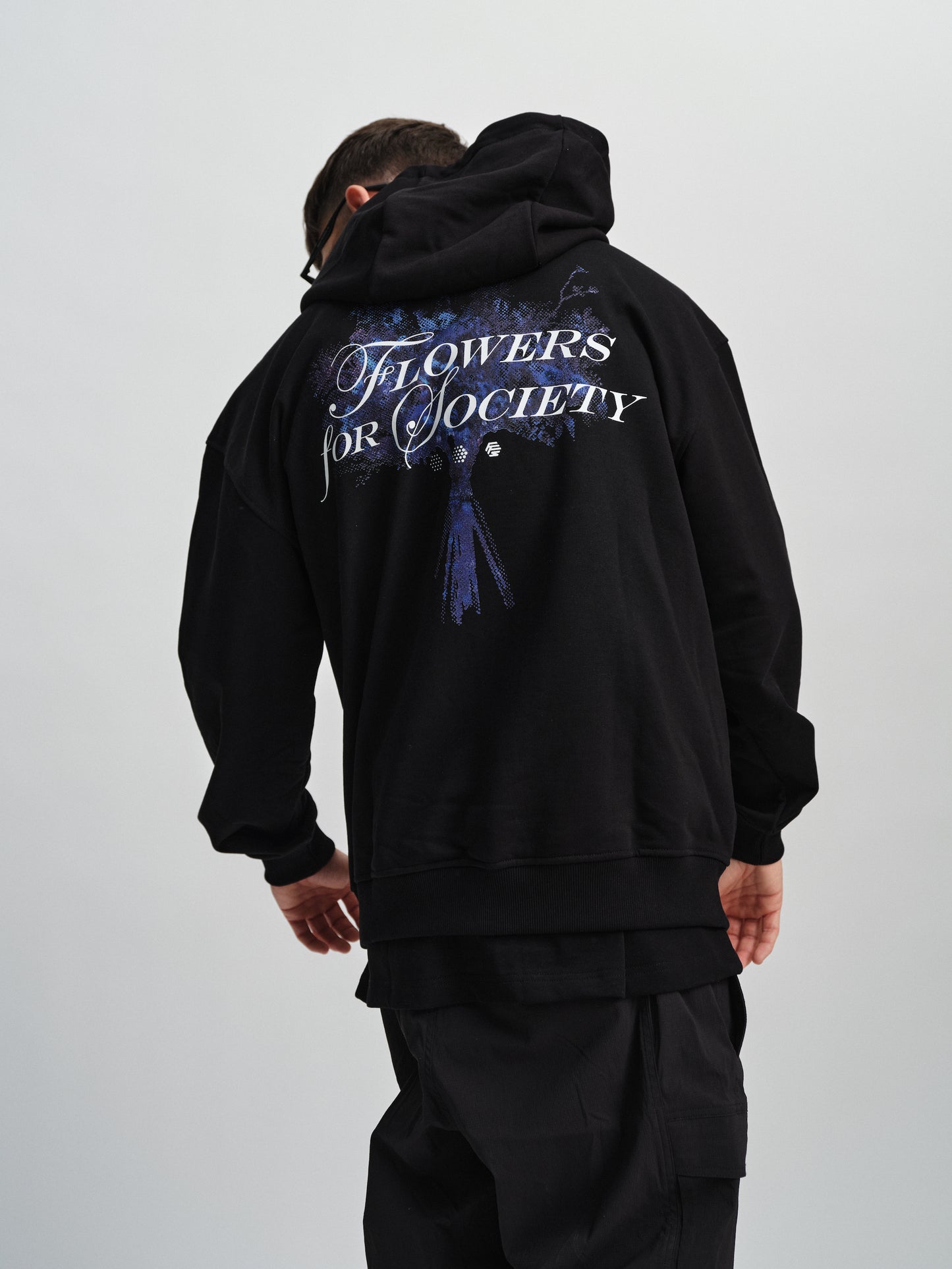 Flowers for Society bouquet hoodie black back view worn by model Angelo