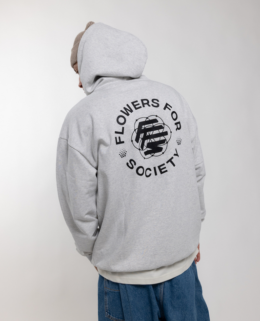 Flowers for Society basic back print hoodie grey side back view worn by model Ben