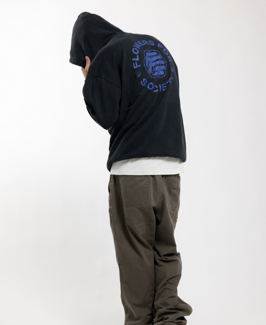 Flowers for Society basic back print hoodie black orient side back view worn by model Ben