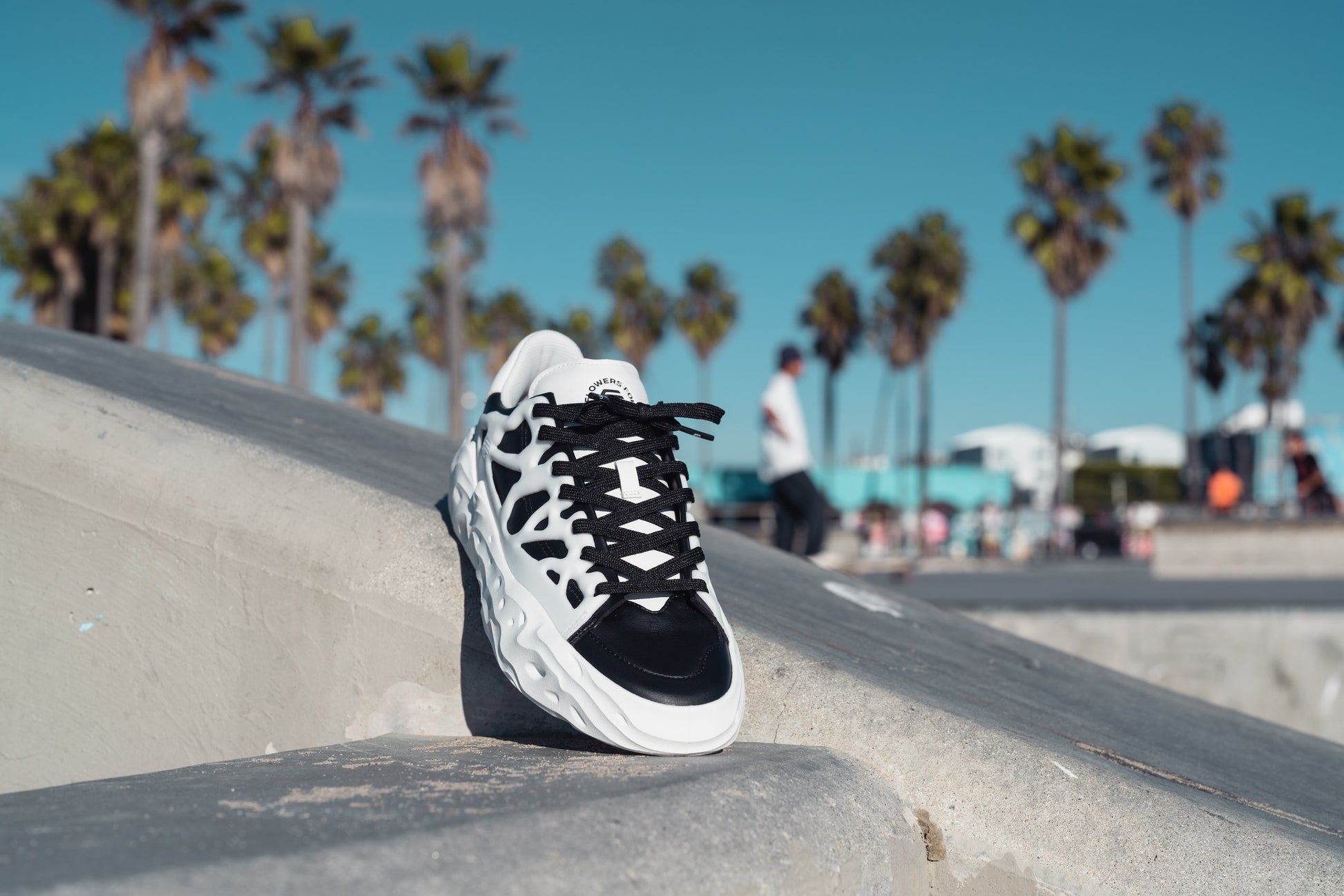 Flowers For Society Sneaker Radicle Orca black white sideview on a concrete bench street palm trees in the background